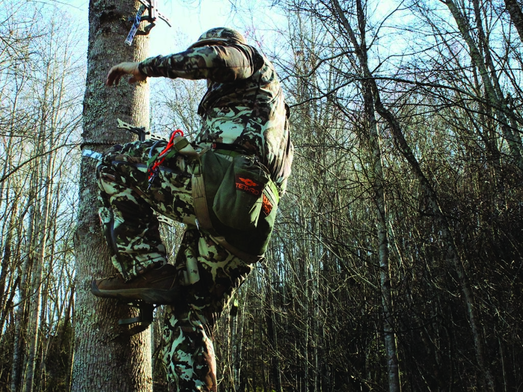 Using strap-on climbing sticks and wrap-around tether helps avoid any issues or restrictions regarding screw-in steps or climbing stands on public lands.