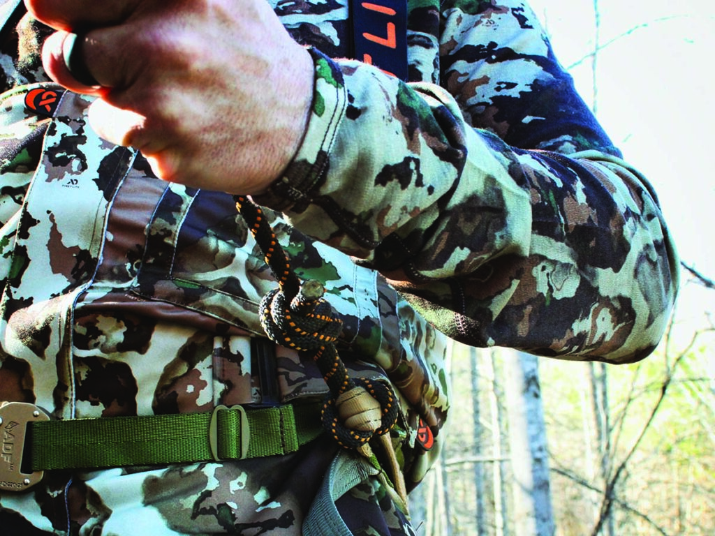 A lineman’s rope allows the hunter to climb the tree safely until he reaches his desired height to attach his tether line.