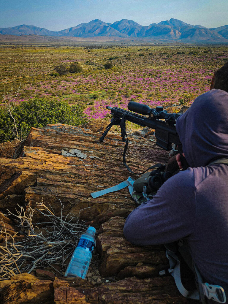 A man scanning an African field in search of Springbok with a Sig Sauer CROSS rifle.